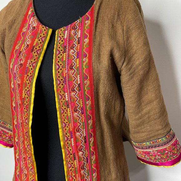 IBU Movement Embroidered Cropped Linen Brown Jacket Handmade - Picture 8 of 16